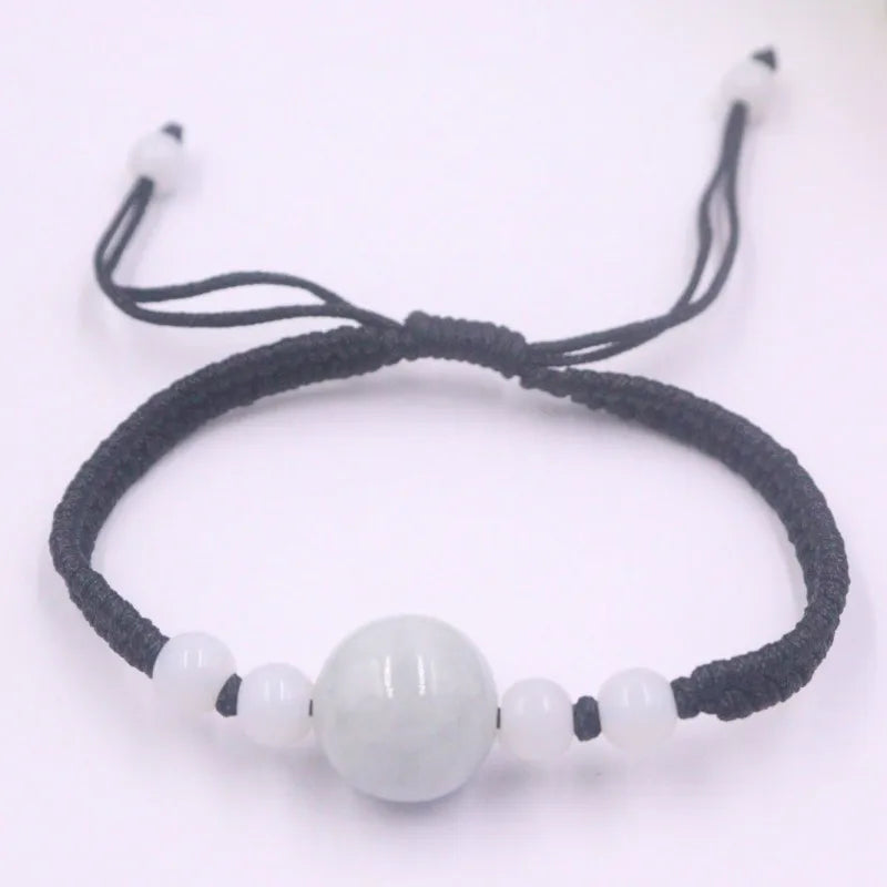 Green Jadeite Bead Charm Bracelet with Cord Weave - Adjustable Gift