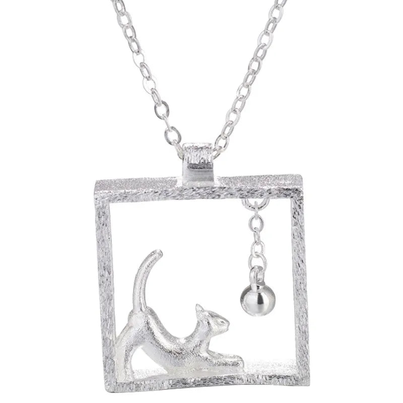 925 Sterling Silver Cat Ball Choker Pendant Necklace for Women