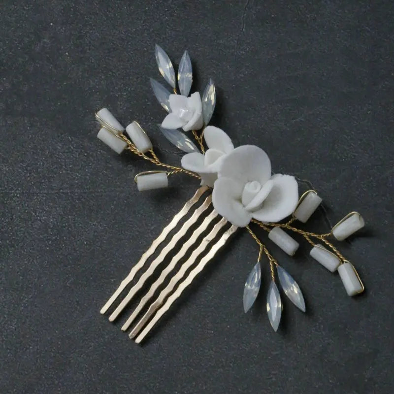 Opal Crystal Bridal Hair Comb Ceramic Flowers Wedding Hairpin