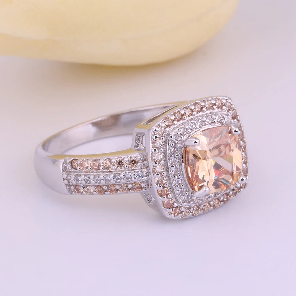 Champagne Vintage Ring for Women Crystal Top Silver Jewelry