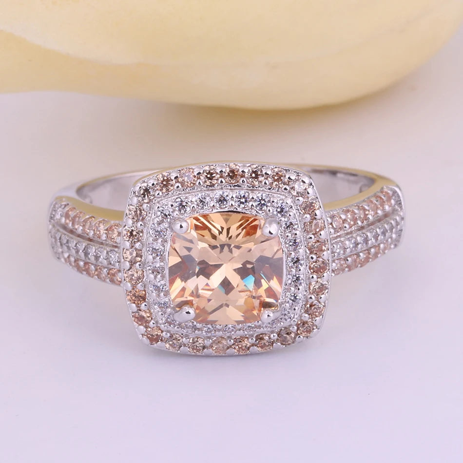 Champagne Vintage Ring for Women Crystal Top Silver Jewelry
