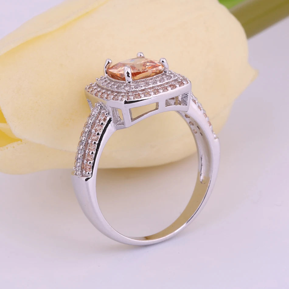 Champagne Vintage Ring for Women Crystal Top Silver Jewelry