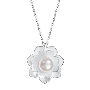 925 Silver Lotus Flower Pearl Pendant Necklace for Women