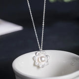 925 Silver Lotus Flower Pearl Pendant Necklace for Women
