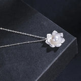 925 Silver Lotus Flower Pearl Pendant Necklace for Women