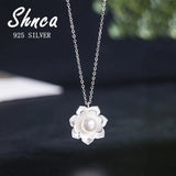 925 Silver Lotus Flower Pearl Pendant Necklace for Women