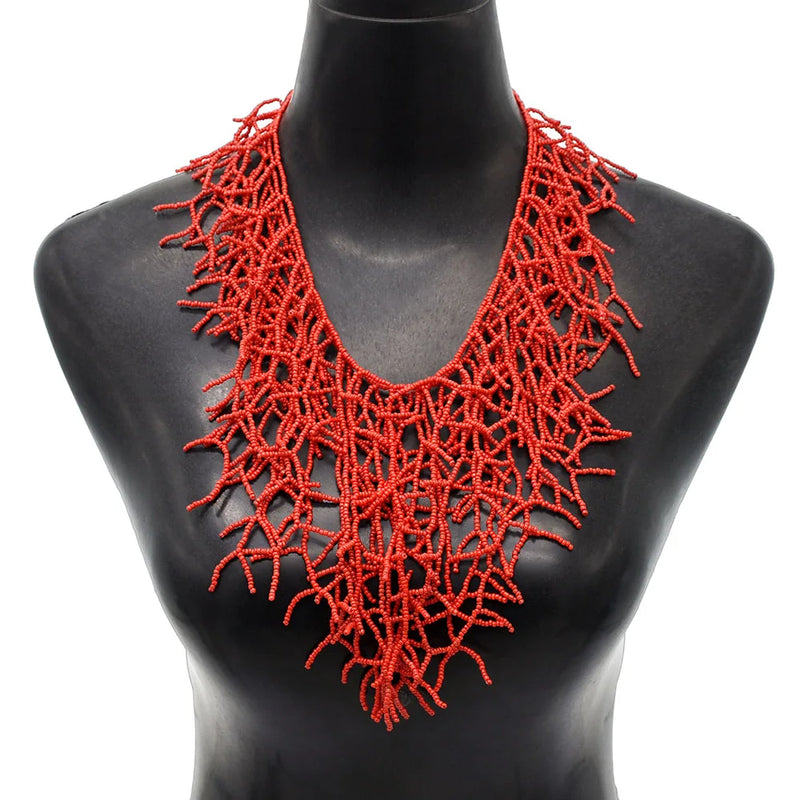 Exaggerated Beaded Tassel Collar Coral Necklace