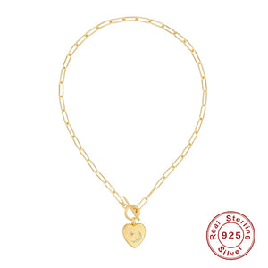S925 Silver Star Moon Pendant Necklace Women Lock Love Heart Chain