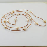 Leather Pearl Necklace Pink Rice Freshwater Pearl Brown Leather Jewelry