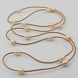 Leather Pearl Necklace Pink Rice Freshwater Pearl Brown Leather Jewelry