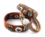 Arrival Metal Button Rhinestone Enamel Leather Bracelet for Women