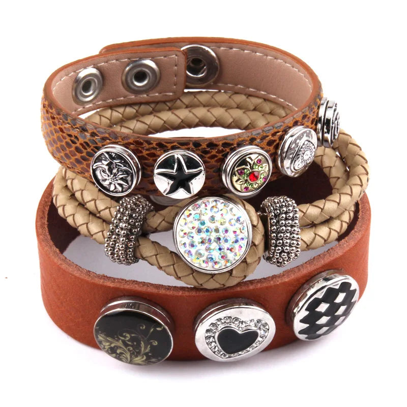 Arrival Metal Button Rhinestone Enamel Leather Bracelet for Women