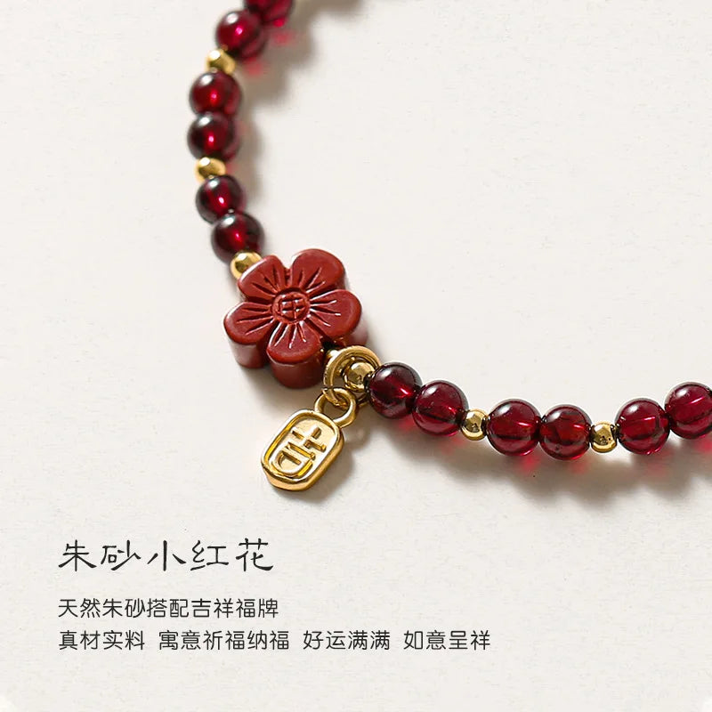 Natural Cinnabar Garnet Beaded Thin Bracelets Women Fine Jewelry