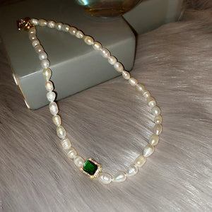 Freshwater Pearl Green Crystal 14K Filled Chain Necklace