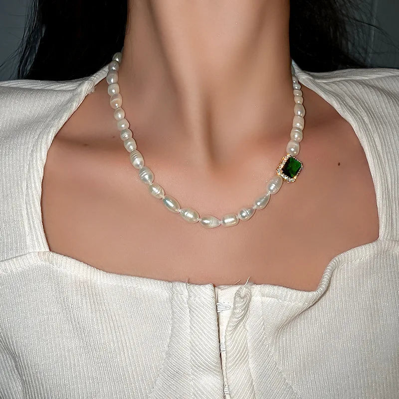 Freshwater Pearl Green Crystal 14K Filled Chain Necklace