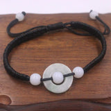 Natural Jade Jadeite Circle Bead Charm Bracelet with Cord Weave Adjustable