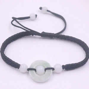 Natural Jade Jadeite Circle Bead Charm Bracelet with Cord Weave Adjustable