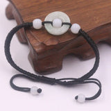 Natural Jade Jadeite Circle Bead Charm Bracelet with Cord Weave Adjustable