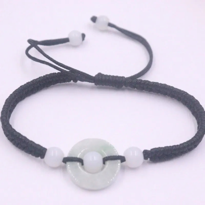 Natural Jade Jadeite Circle Bead Charm Bracelet with Cord Weave Adjustable