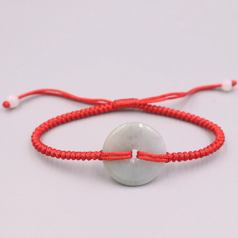 Natural Jadeite Big Circle Bracelet Red Cord Knitted 6.3in