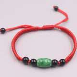 Natural Green Jadeite Bead Bracelet with Red Cord Weave
