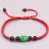 Natural Green Jadeite Bead Bracelet with Red Cord Weave