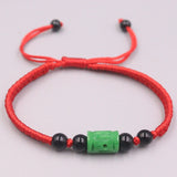 Natural Green Jadeite Bead Bracelet with Red Cord Weave
