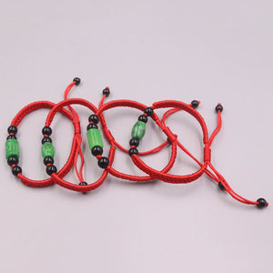 Natural Green Jadeite Bead Bracelet with Red Cord Weave