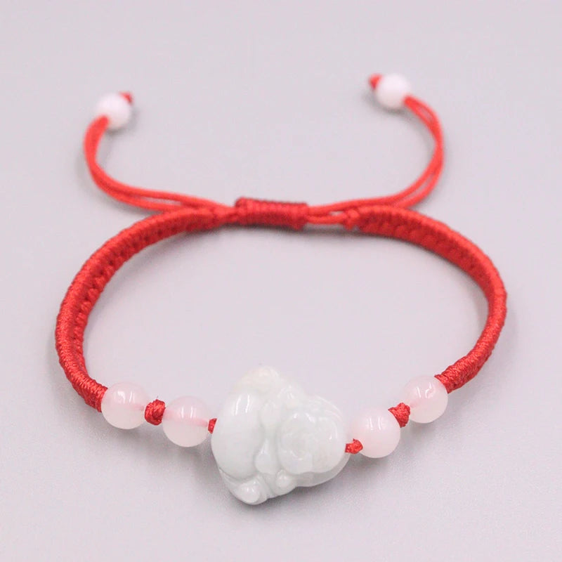 Natural Jadeite Luck Bless Buddha Red Cord Bracelet 6.3in