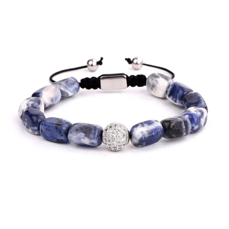 Natural Stone Barrel Shaped CZ Pave Ball Beads Rope Macrame Bracelet