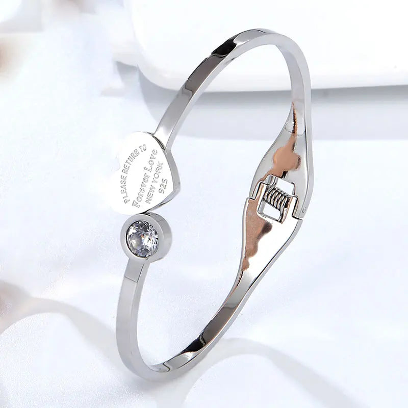 Adjustable Crystal & Peach Heart Bracelet Stainless Steel Jewelry
