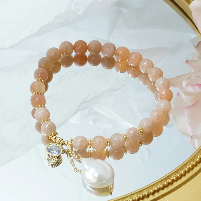 Sunstone Beads Bracelet with Baroque Pearl Pendant
