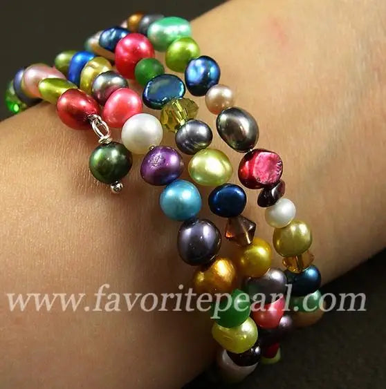 Rainbow Pearl Crystal Bracelet Triple Row 3-8mm