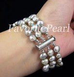 Gray Freshwater Pearl Bracelet Triple Row Fine Jewelry Women Gift