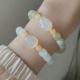 Arrival Rabbit Chalcedony White/Green Natural Jade She Taicui Beaded Bracelet