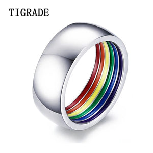 LGBT Rainbow Ring Stainless Steel Wedding Band Engraved Name
