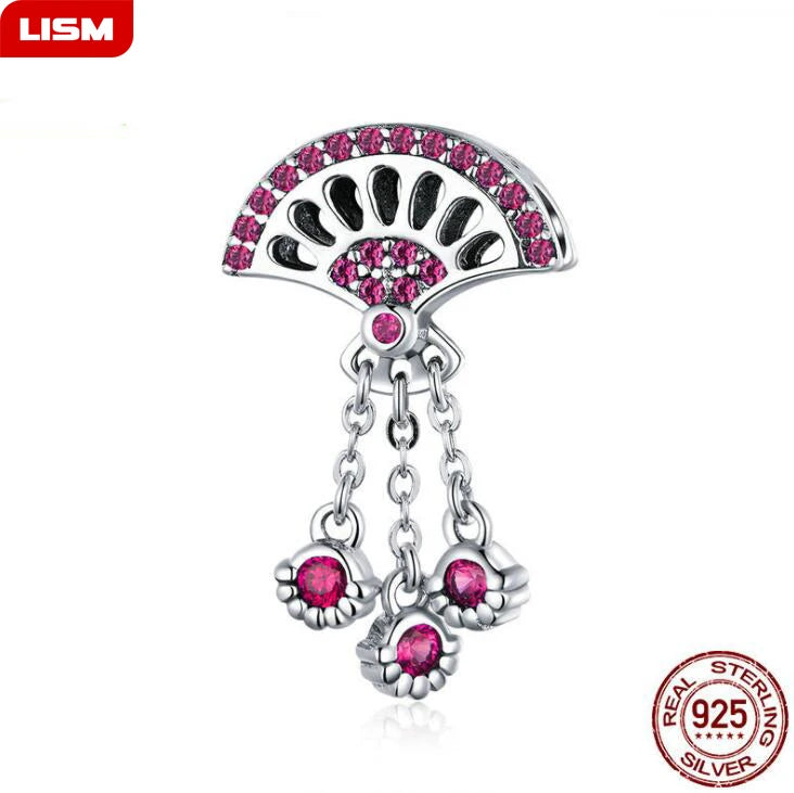 925 Silver Chinese Style Fan Charms Beads for DIY Jewelry