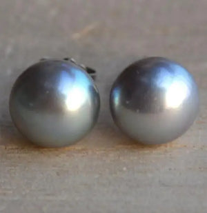 Real Pearl Earring Gray 8mm Freshwater Silver Stud Classic Wedding Gift