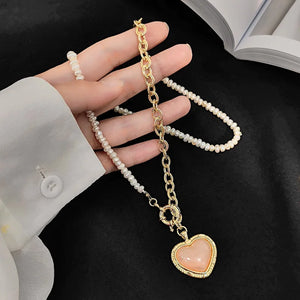 Pink Heart Pearl Pendant Necklace For Wedding