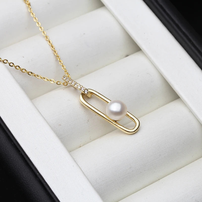 S925 Silver Pearl Necklace Clip Pendant Chain Fine Jewelry Women Gift
