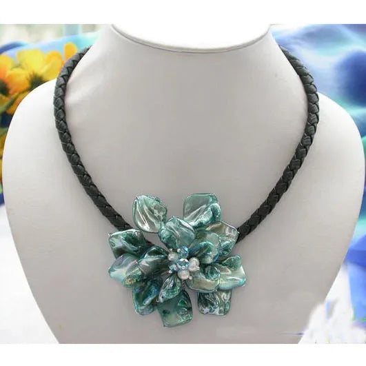Shell Flower Necklace 18'' Leather Jewelry Real Pearl Crystal Pendant