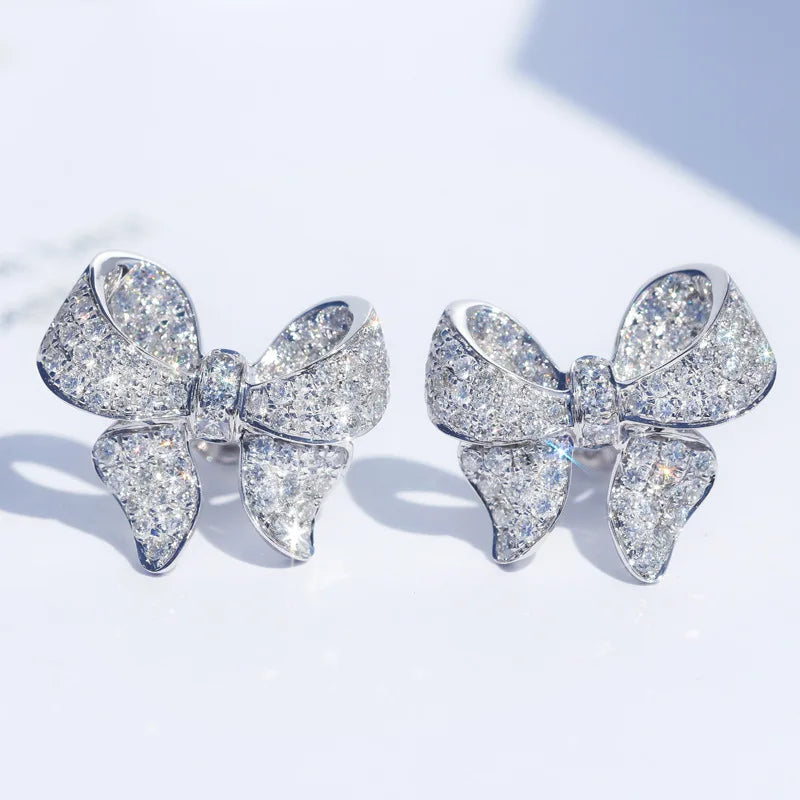 Silver Bowknot Stud Earrings with Zircon Stone