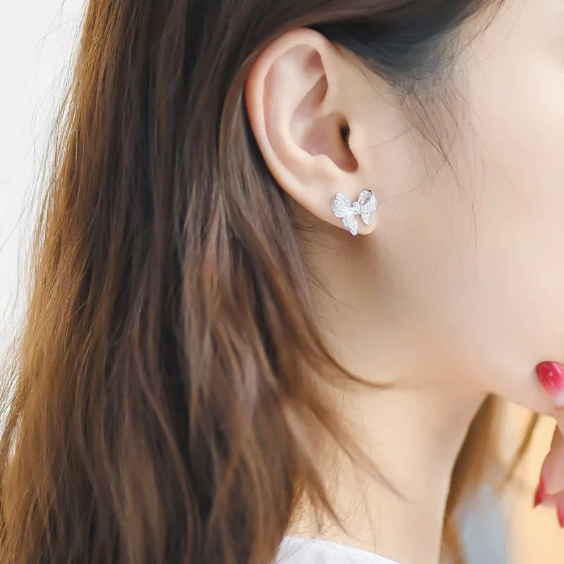Silver Bowknot Stud Earrings with Zircon Stone