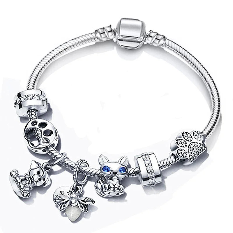 Silver Plated Charm Bracelet Crystal Beads DIY Animal Pet Jewelry