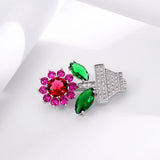 Spring Crystal Flower Brooch Red Green Rhinestone Pin Wedding Jewelry