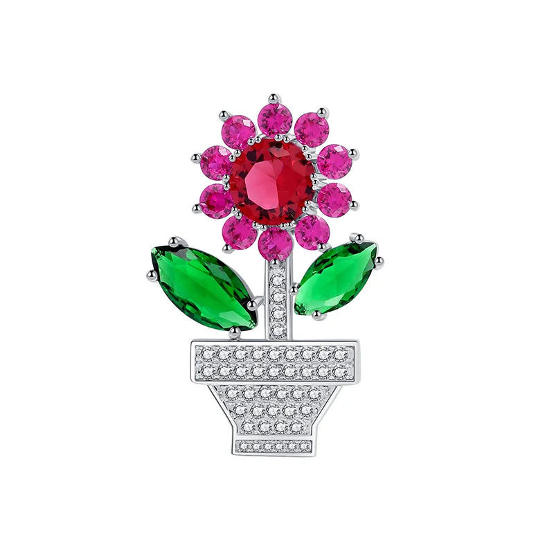 Spring Crystal Flower Brooch Red Green Rhinestone Pin Wedding Jewelry