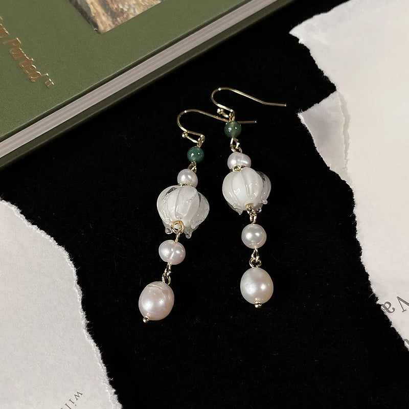 Sweet Glass Flower Pearl Tassels Drop Earrings