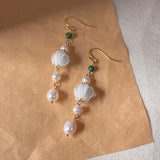 Sweet Glass Flower Pearl Tassels Drop Earrings