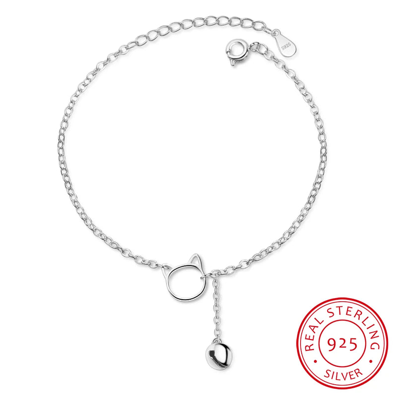 Tassel Hollow Cat Bell Bracelet 925 Sterling Silver Jewelry