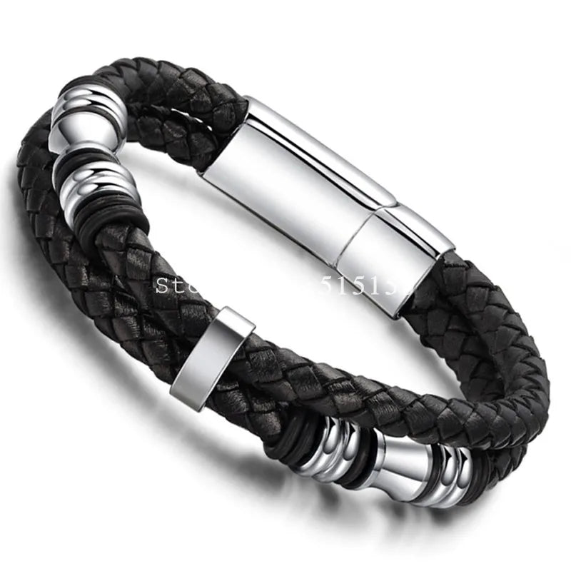 Stainless Steel Bracelet for Men Leather Knitted Magnetic Clasp